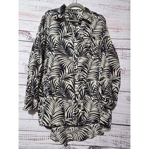 True Destinations Women XL Black Cream Palm Leaf Cotton High Low Tunic Shirt